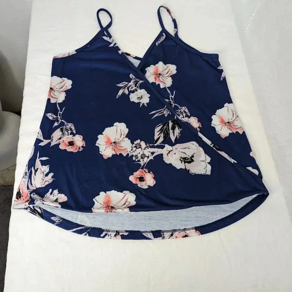 Navy Blue floral print, flowy fit, tank top women's size Large NWOT T14 - Picture 2 of 5
